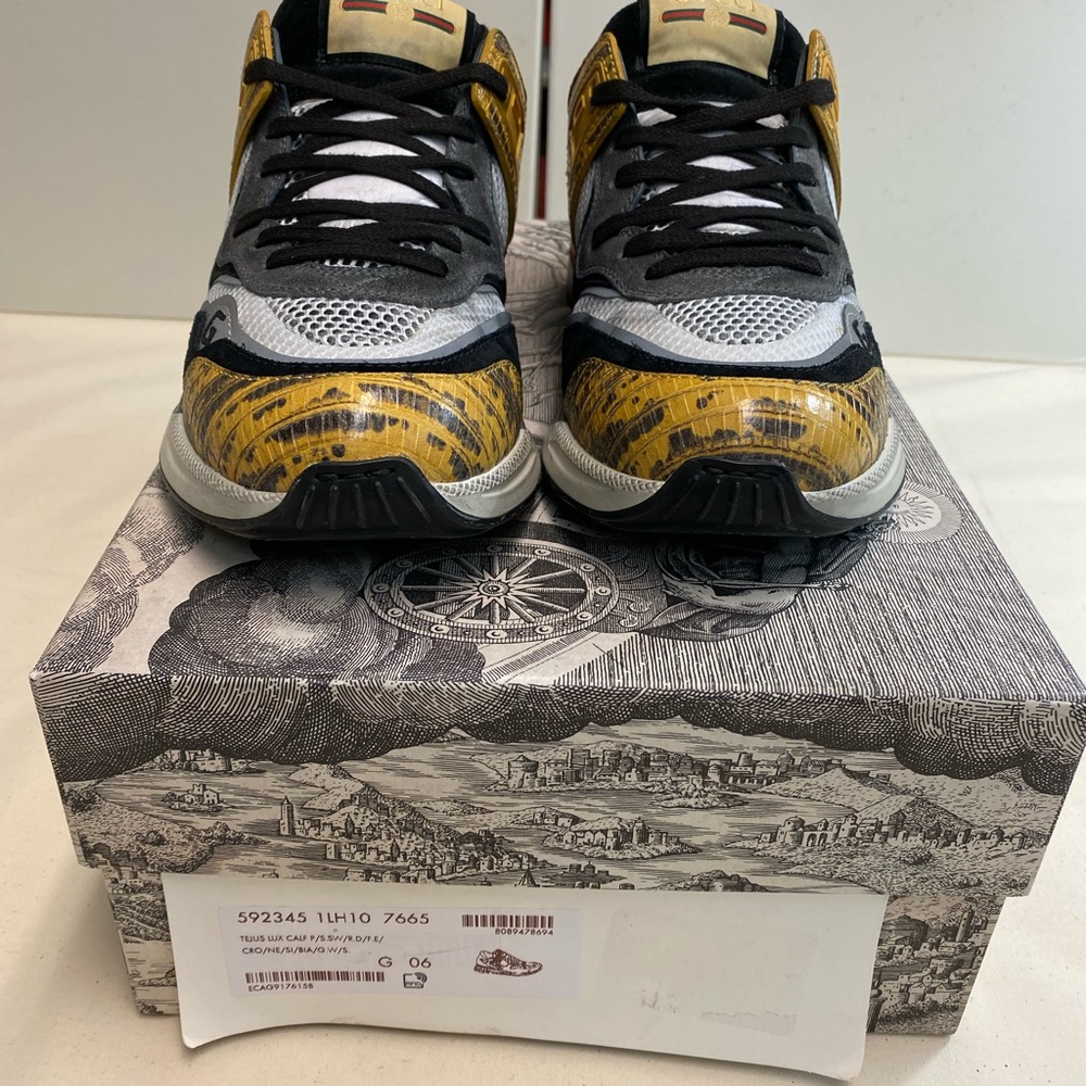 GUCCI  Ultrapace Distressed Suede, Mesh and Snake-Effect Leather Sneakers   US 7